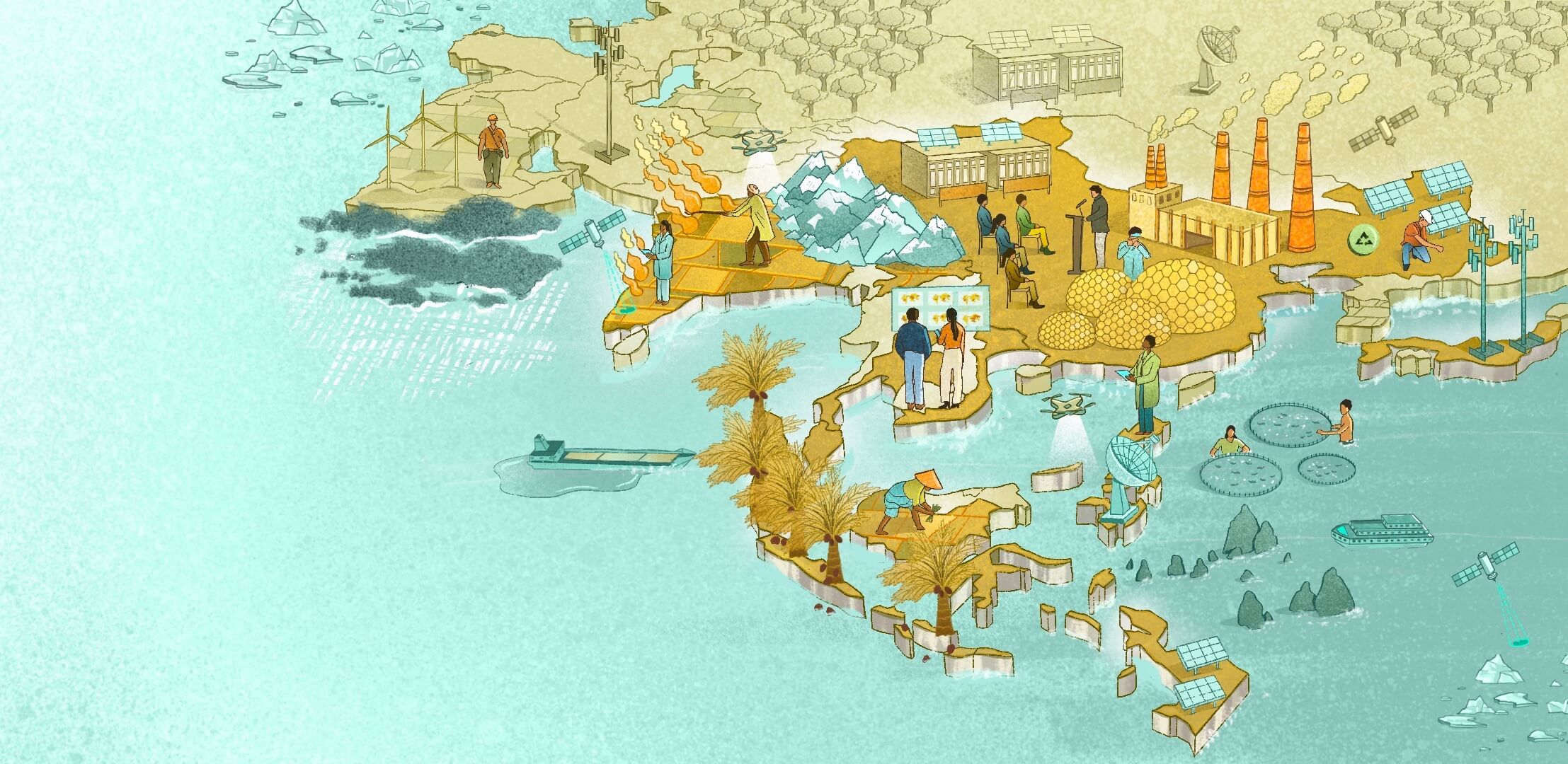 Illustration of Asia portraying economic activities and climate change