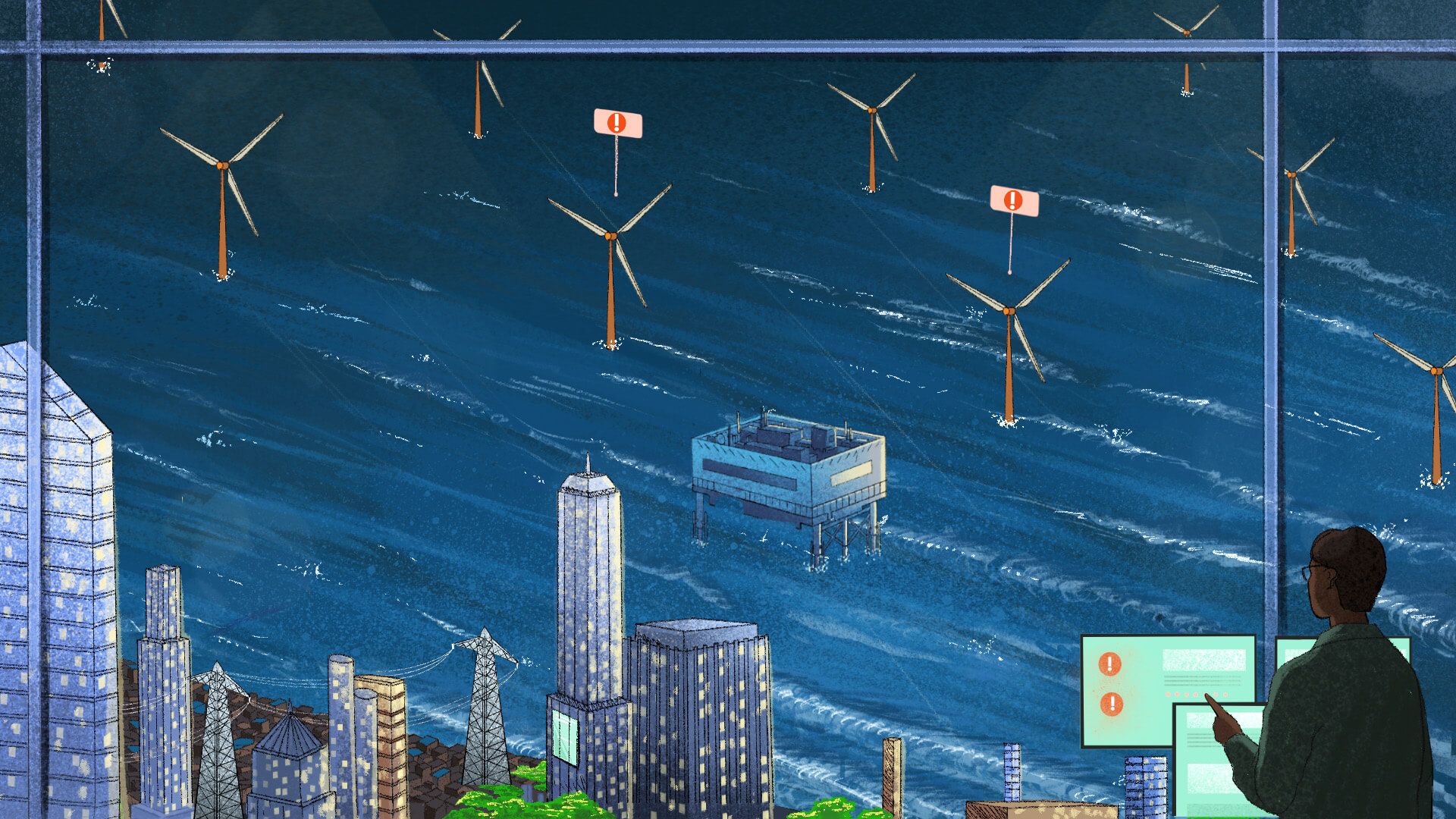 Illustration of an offshore wind farm and some buildings