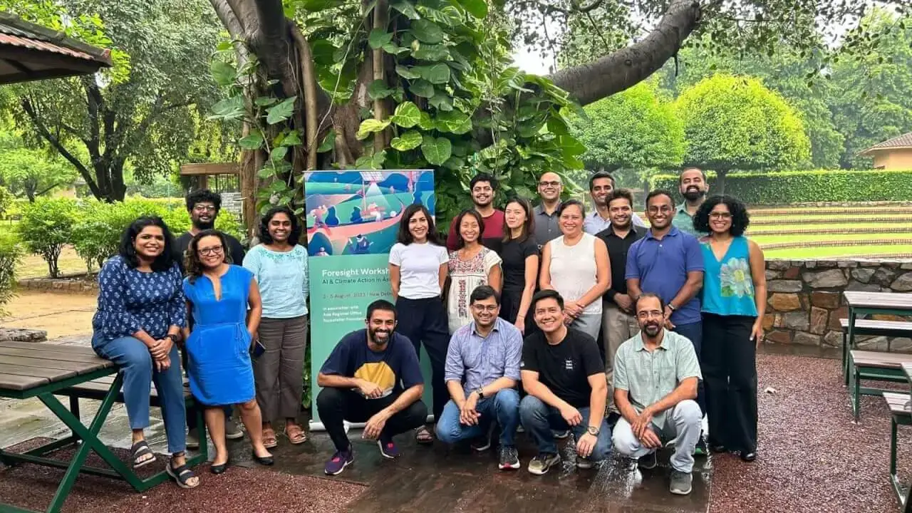 Participants on the last day of the scenario-building workshop at Sanskriti Kendra, New
				Delhi